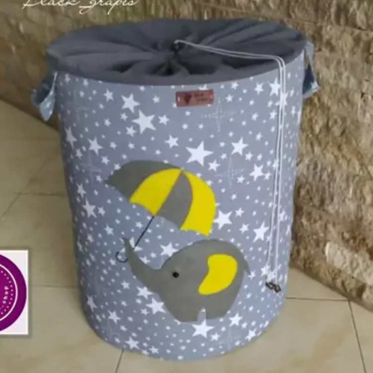 باکس پارچه ای اسباب بازی و لباس،مدل استوانه ای درب دار،طرح فیل-پسکرایه